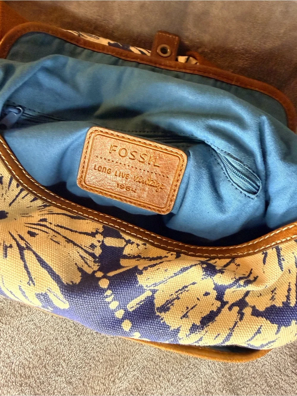 Fossil Blue and Cream Floral Canvas Backpack with Brown Leather Trim